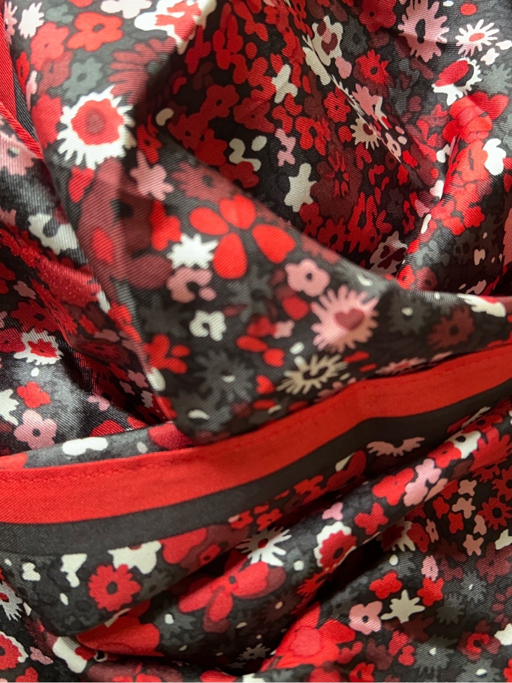 Red Black Floral Scarf Wrap silk 14“ x 68“ with tapered ends